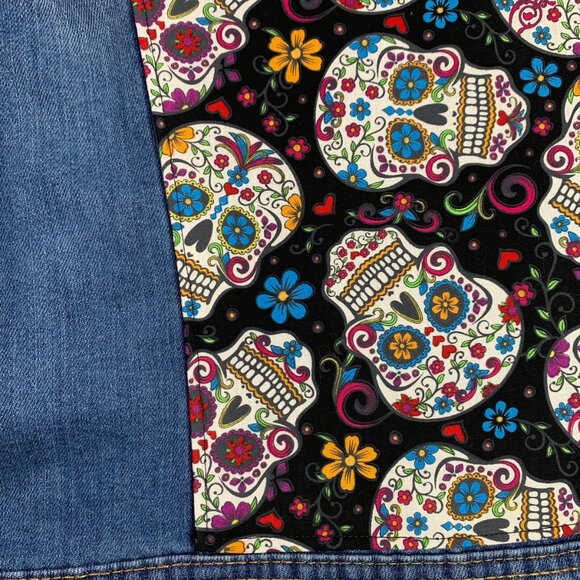 Tractor Denim Jacket Sugar Skull Jean Pink Black Day Dead Trucker Girls Large - Picture 8 of 11